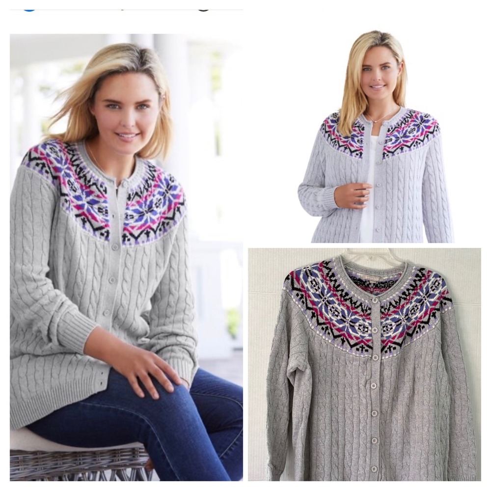 Woman Within Gray Fair Isle Cable Knit Cardigan Sweater Cotton M Ski Lodge Cabin